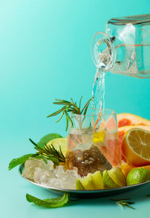Cocktail with ice, citrus, rosemary and mint. Strong alcohol is poured from a decanter into a glass. Green background with copy space.の写真素材