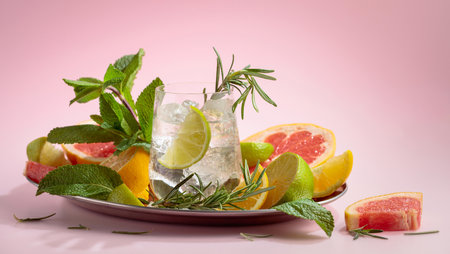A refreshing summer drink with ice, citrus, rosemary and mint. Pink background with copy space.の写真素材