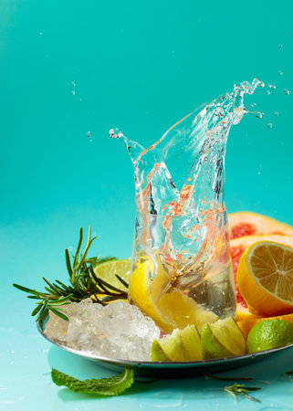 A refreshing summer drink with ice, citrus, rosemary and mint. Lemon slice falls into a glass. Copy space.の写真素材