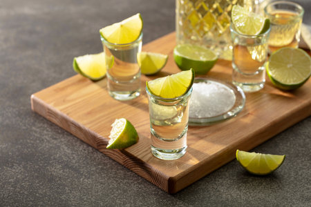 Gold tequila with sea salt and lime slices on a cutting board.の写真素材