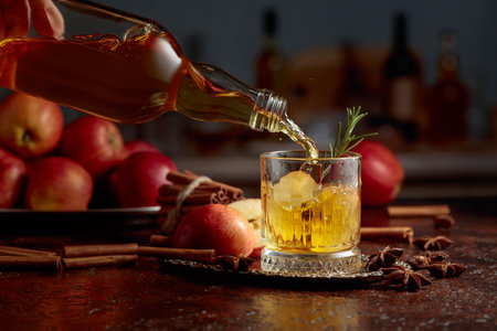 Apple cider is poured from a bottle into a crystal glass. Fresh drink with apples on an old kitchen table. Copy space.の写真素材