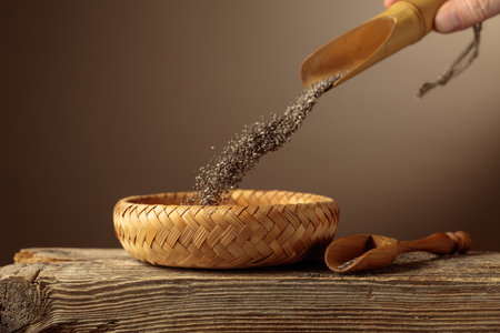 Chia seeds are poured into a wicker bowl. Beige background with space for copying.の写真素材