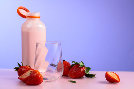 Strawberry milkshake smoothie and fresh berries. Smoothie, vitamin drink, or yogurt in on a colorful background. Copy space.の写真素材