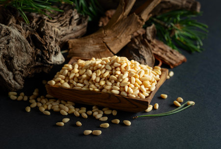 Peeled pine nuts with cedar dried snags and green branches. Pine nuts in wooden dish on a black background.の写真素材