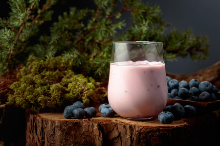 Blueberry smoothie in glass and fresh berries on a pine stump. Healthy eco food from the heart of the forest. Concept of eco food.の写真素材