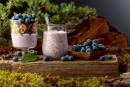 Blueberry dessert with rye flakes and smoothie with chia seeds. Healthy eco food from the heart of the forest. Concept of eco food.の写真素材
