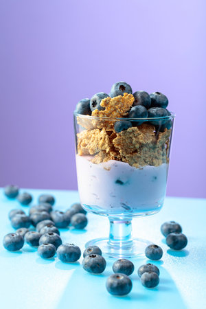 Blueberry dessert with rye flakes and fresh berries. Copy space.の写真素材
