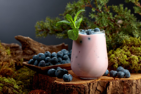 Blueberry smoothie in glass and fresh berries on a pine stump. Healthy eco food from the heart of the forest. Concept of eco food.の写真素材