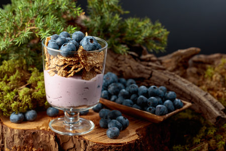 Blueberry dessert with rye flakes and fresh berries on a pine stump. Healthy eco food from the heart of the forest. Concept of eco food.の写真素材