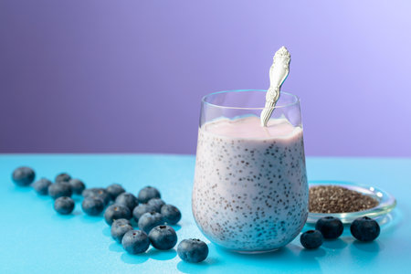Blueberry smoothie with chia seeds and fresh berries. Concept of eco food. Copy space.の写真素材