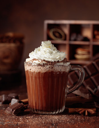 Hot chocolate with whipped cream in a glass mug. Chocolate drink with ingredients on a vintage brown background.の写真素材