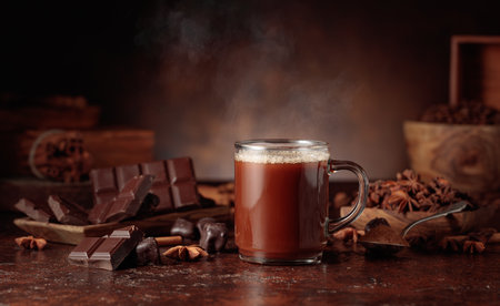 Glass mug of hot chocolate with ingredients on a brown background. Copy space.の写真素材