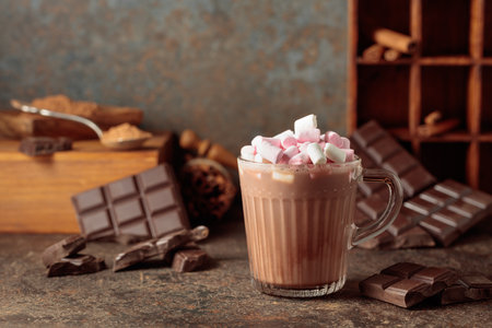 Hot chocolate drink with marshmallows on a brown background. A mug of hot chocolate with broken bitter chocolate bars and cocoa powder. Copy space.の写真素材