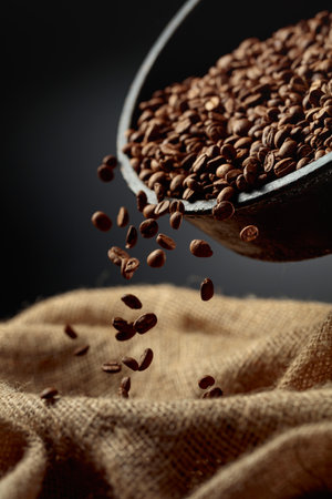 Freshly roasted coffee beans are poured into a bag. Copy space.の写真素材