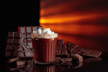 Hot chocolate with mini marshmallow in a glass mug. On a background bitter broken chocolate bar.の写真素材
