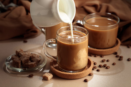 Pouring cream in black coffee. Latte preparing.の写真素材