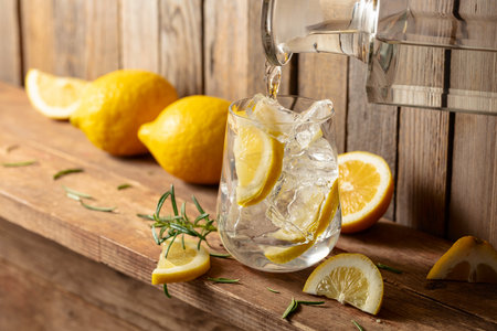 Summer refreshing drink with ice, rosemary and lemon slices on an old wooden table. Fresh healthy cold lemon beverage. Water with ice and lemon.の写真素材