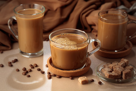 Latte with brown sugar on a beige background. Copy space.の写真素材
