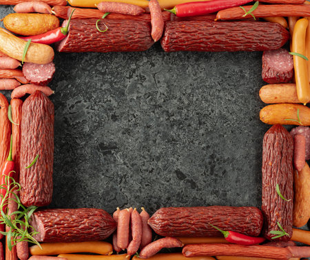 Various dry-cured and smoked sausages with red pepper and rosemary on a stone table. Top view, copy space.の写真素材