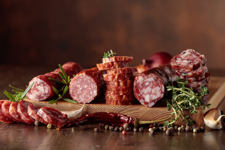 Sliced dry cured sausages with peppercorns, thyme, rosemary, and garlic on a brown background.の写真素材