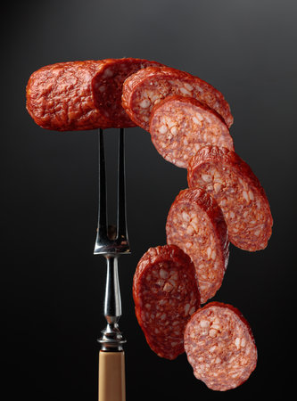Sliced chorizo on a fork. Spicy pork sausage originally from Spain and Portugal. Sausage on a black background.の写真素材