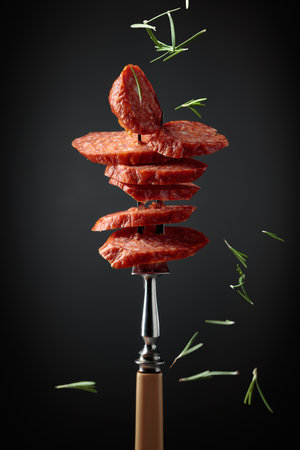 Sliced chorizo on a fork. Spicy pork sausage originally from Spain and Portugal. Sausage sprinkled with rosemary on a black background.の写真素材