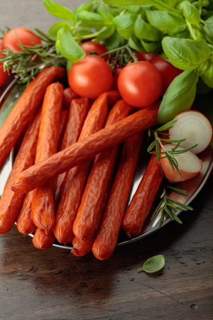 Kabanos sausages with basil and tomatoes on an old wooden table.の写真素材