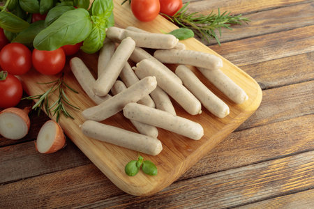 Traditional Bavarian white sausages with basil and tomatoes on a wooden cutting board.の写真素材