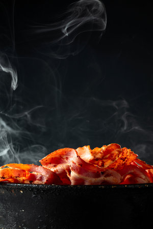 Fried steaming bacon slices in an old black pan on a black background. Copy space.の写真素材