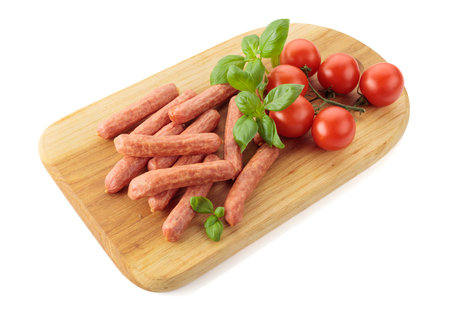 Sausages with basil and tomatoes on a wooden cutting board. Isolated on a white background.の写真素材