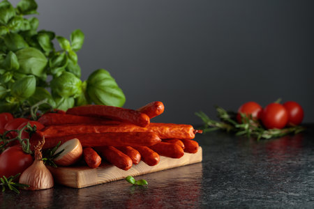 Kabanos sausages with basil, onion, rosemary, and tomatoes on a black stone table. Copy space.の写真素材