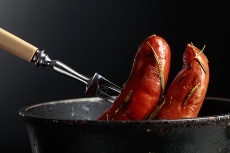 Roasted Bavarian sausages with rosemary in an old black pan. Copy space.の写真素材