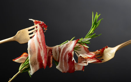 Dry-cured pork belly bacon with rosemary on a black background. Sliced bacon on a forks.の写真素材