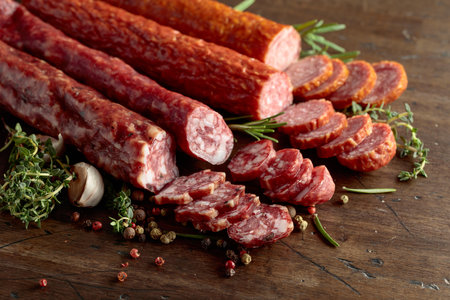 Sliced dry cured sausages with peppercorns, thyme, rosemary, and garlic on an old wooden table.の写真素材