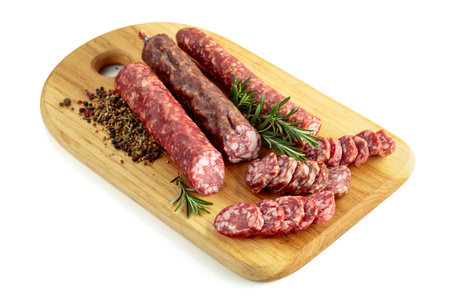 Sliced smoked sausages on a cutting board. Sausages with rosemary and spices isolated on a white background.の写真素材