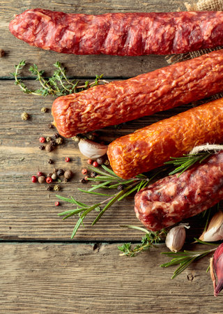 Various dry cured sausages with peppercorns, thyme, rosemary, onion, and garlic on an old wooden table. Top view. Copy space.の写真素材