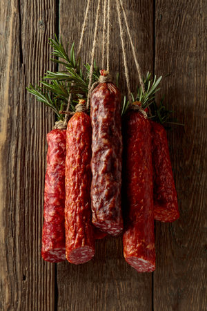 Smoked and dry cured sausages with rosemary on a old wooden background.の写真素材