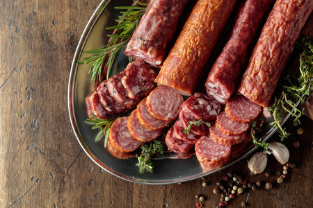 Sliced dry cured sausages with peppercorns, thyme, rosemary, and garlic on an old wooden table. Top view.の写真素材