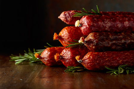 Smoked and dry cured sausages with rosemary on an old wooden table. Copy space.の写真素材