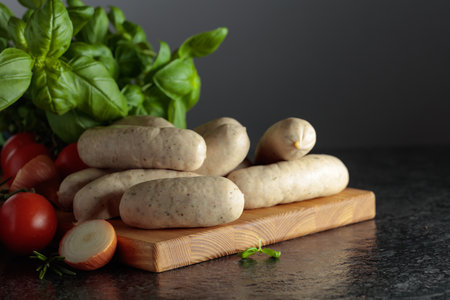 Traditional Bavarian white sausages with basil, onion, rosemary, and tomatoes on a black stone table. Copy space.の写真素材