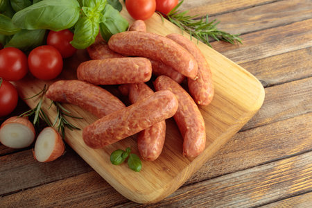 Sausages with basil and tomatoes on a wooden cutting board.の写真素材