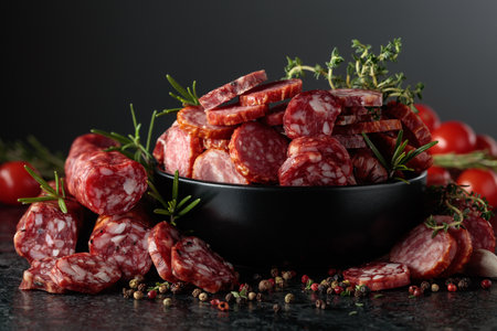 Sliced dry cured sausages with peppercorns, thyme, rosemary, tomatoes, and garlic on a black table.の写真素材