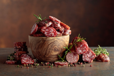 Sliced dry cured sausages with peppercorns, thyme, rosemary, and garlic on a brown background.の写真素材