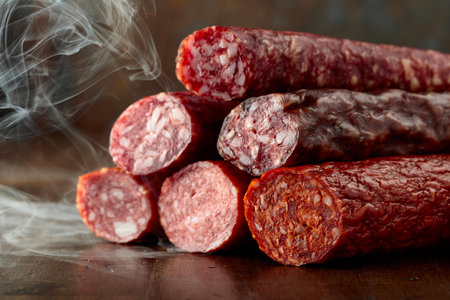 Smoked and dry cured sausages on an old wooden table.の写真素材