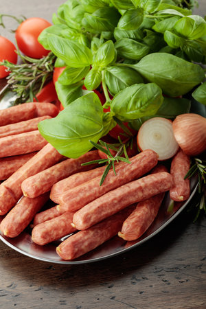 Sausages with basil and tomatoes on an old wooden table.の写真素材