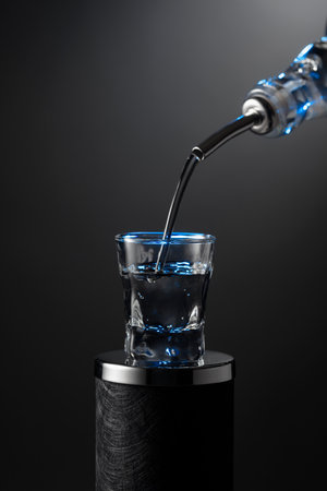 Vodka pouring from the bottle into a glass on a dark background. Blue backlight. Copy space.の写真素材
