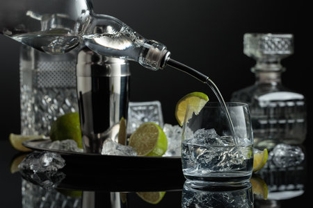 Vodka or gin is poured into a glass with ice. On a black reflective background crushed ice and lime slices.の写真素材