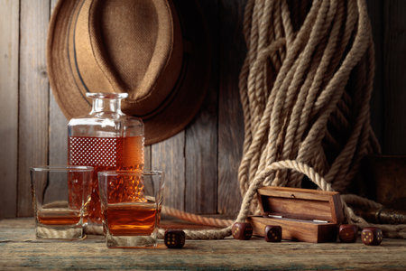 Whiskey and dice on an old wooden table. In the background is a hemp rope and a man's hat.の写真素材
