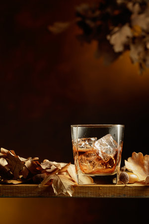 Whiskey in frozen glass with ice on a wooden table with dried-up oak leaves.の写真素材