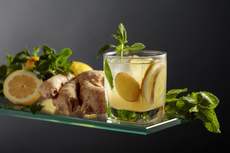 Ginger cocktail with lemon and mint in a frozen glass on a black background. Refreshing summer cocktail with natural ice, ginger, lemon, and mint.の写真素材